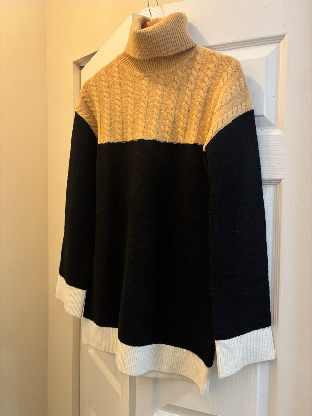 Lovers + Friends Cable Yoke Colorblock Turtleneck in Camel, Black & White